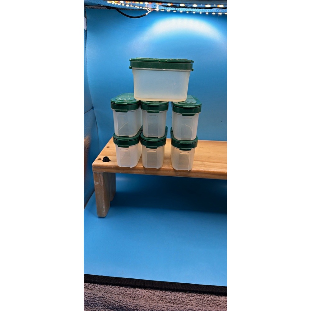 Vintage Tupperware 7 Green Clear Shaker Spice Containers Snap Lid 1843D-8